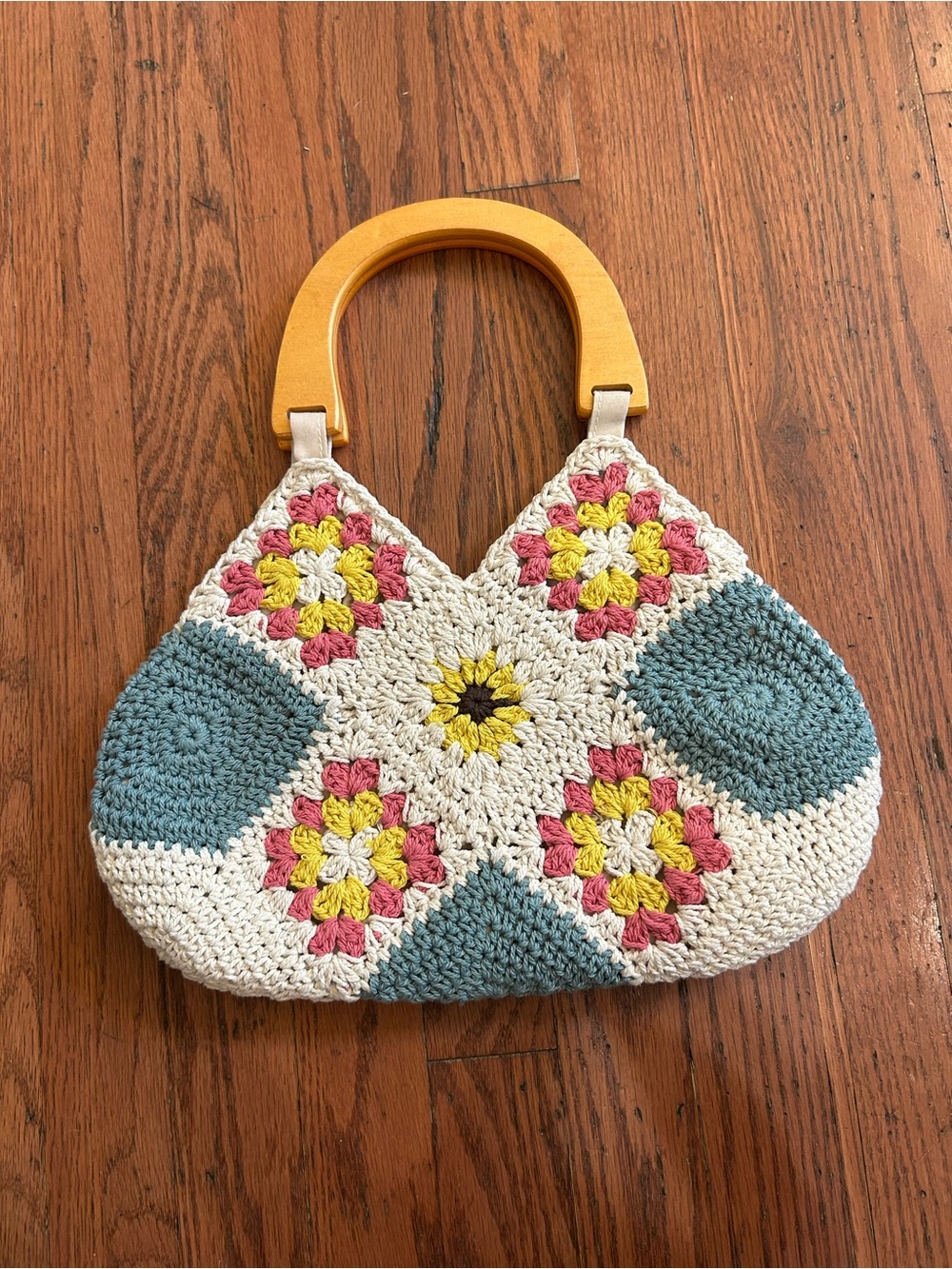 Crochet Granny Square Floral Handbag Wood Handle Lined Boho Purse Cottagecore - Picture 2 of 9